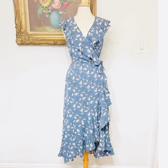 Max Studio | Dresses | New Max Studio Ruffle Sleeve Boho Blue Pattern Midi  Wrap Dress Size Large L Nwt | Poshmark